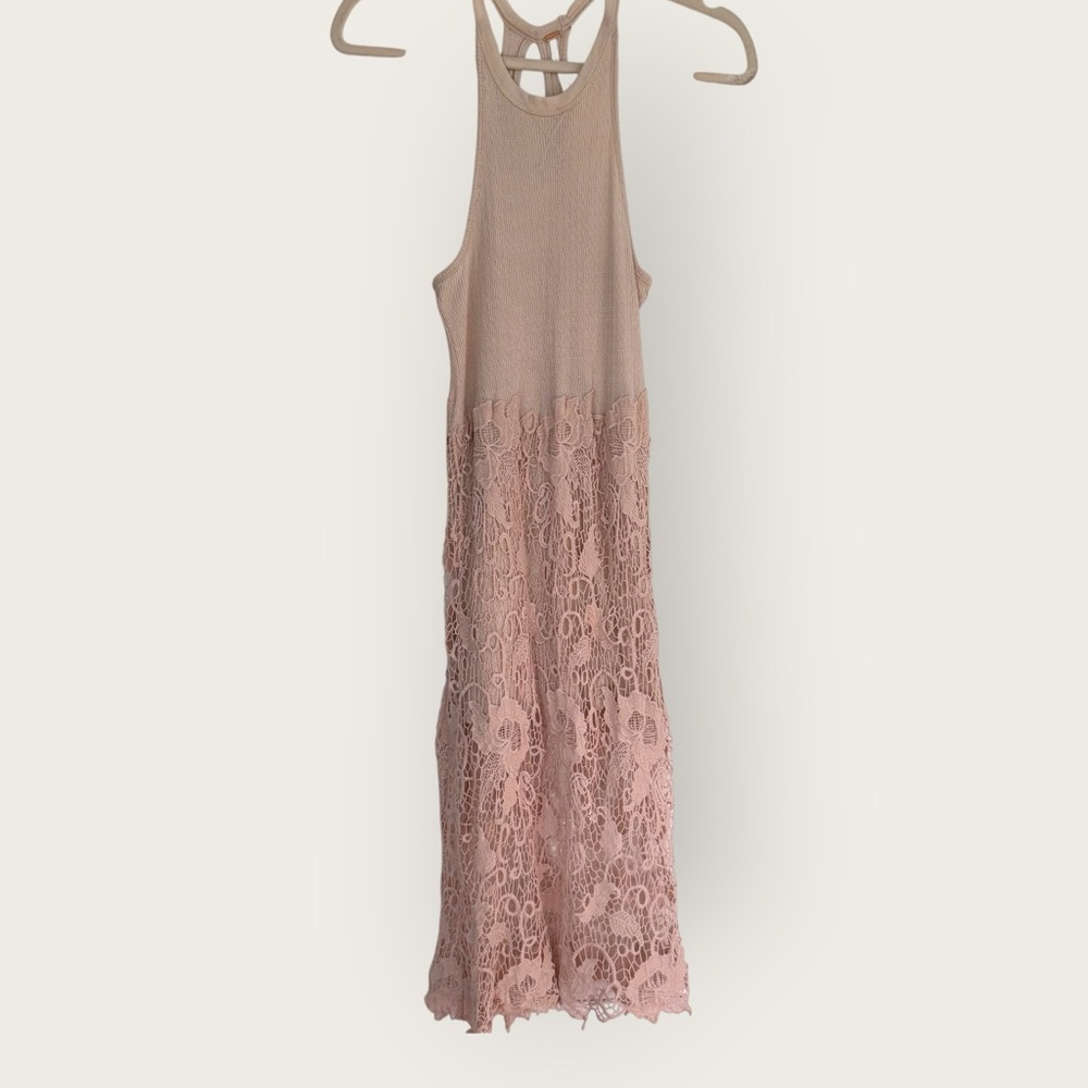 Free People Blush Nude Knit Maxi Dress with Crochet Detail